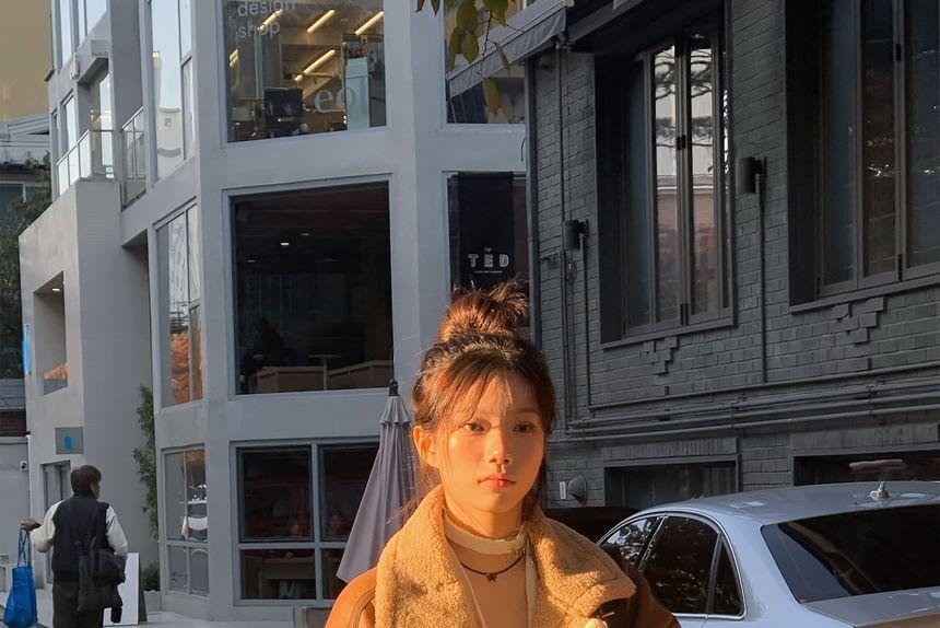 Stand Collar Faux Shearling Zip Jacket Product Image
