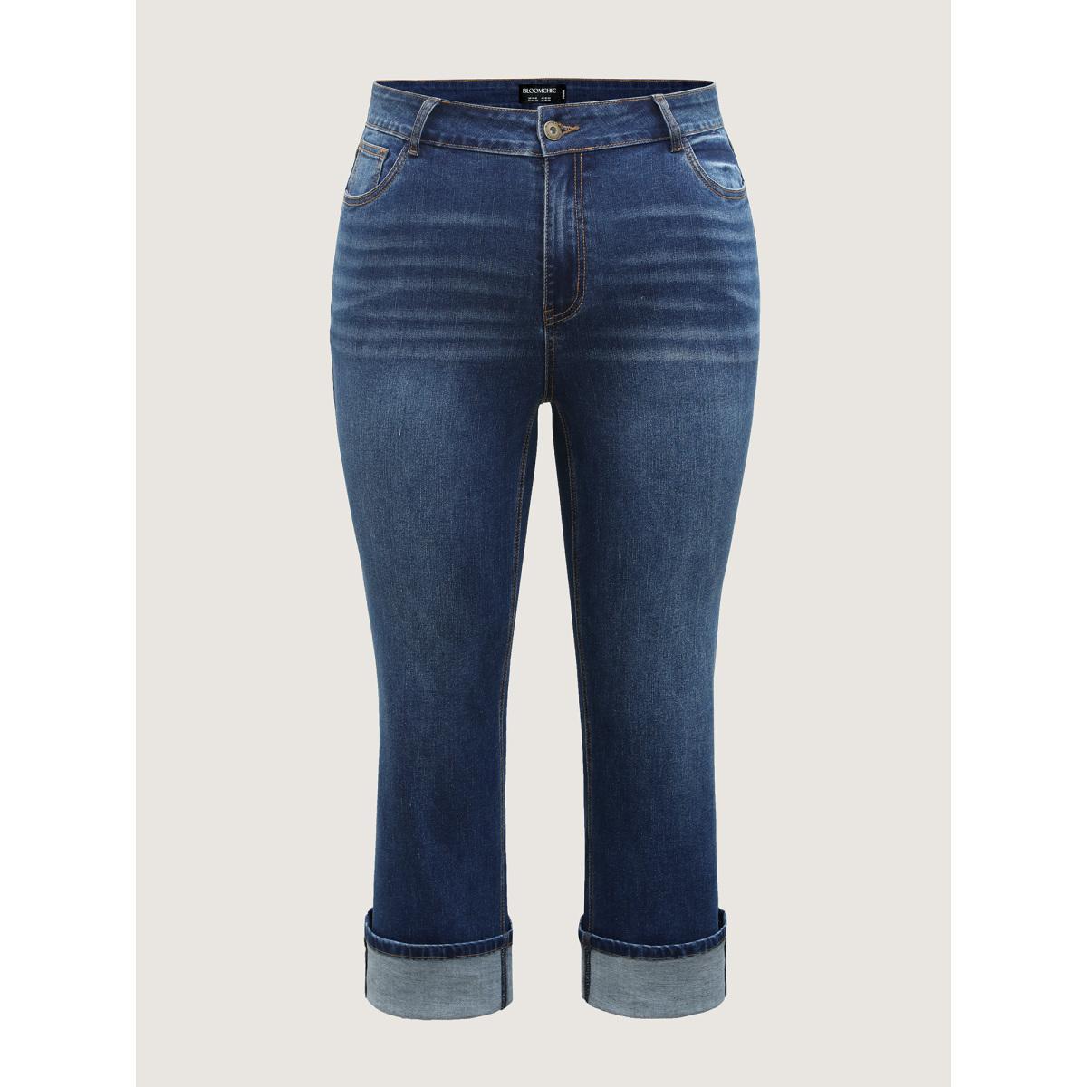 Plus Size Stretch Rolled Hem Straight-Leg Jeans Women Denimblue High stretch Slanted pocket Jeans BloomChic 18/2X Product Image