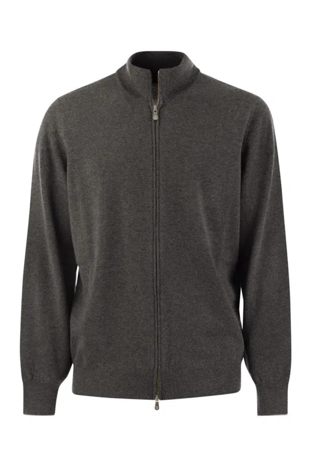 BRUNELLO CUCINELLI High-necked Cashmere Cardigan With Zip In Grey Product Image