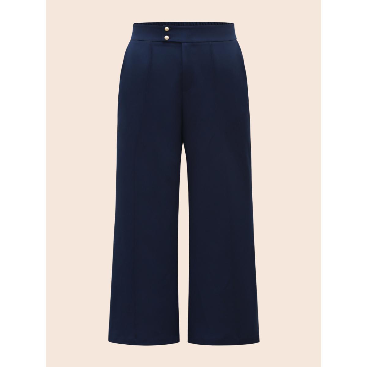 Plus Size Stretch Woven Metal Buckle Wide Leg Pants Women Indigo At the Office Wide Leg Mid Rise Work Pants BloomChic 30/6X Product Image