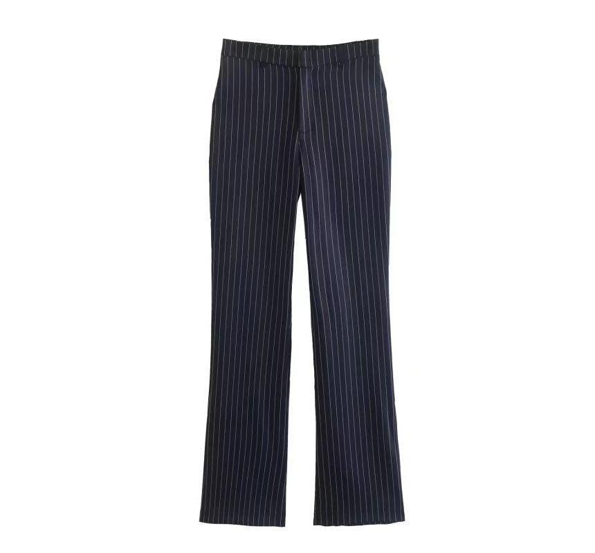 Double Breasted Striped Blazer / High Waist Boot Cut Slacks Product Image