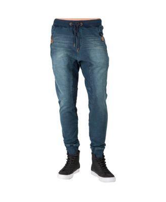 Mens Premium Knit Denim Jogger Jeans Drop Crotch Whisker Zipper Pockets Product Image