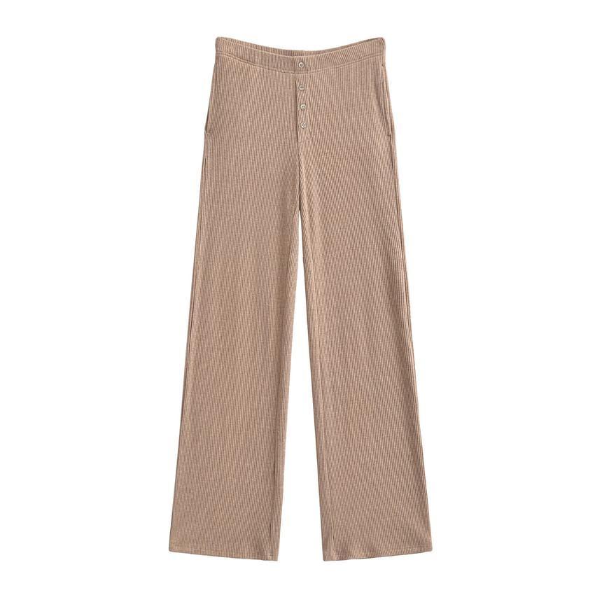 Mid Rise Plain Knit Wide Leg Pants Product Image