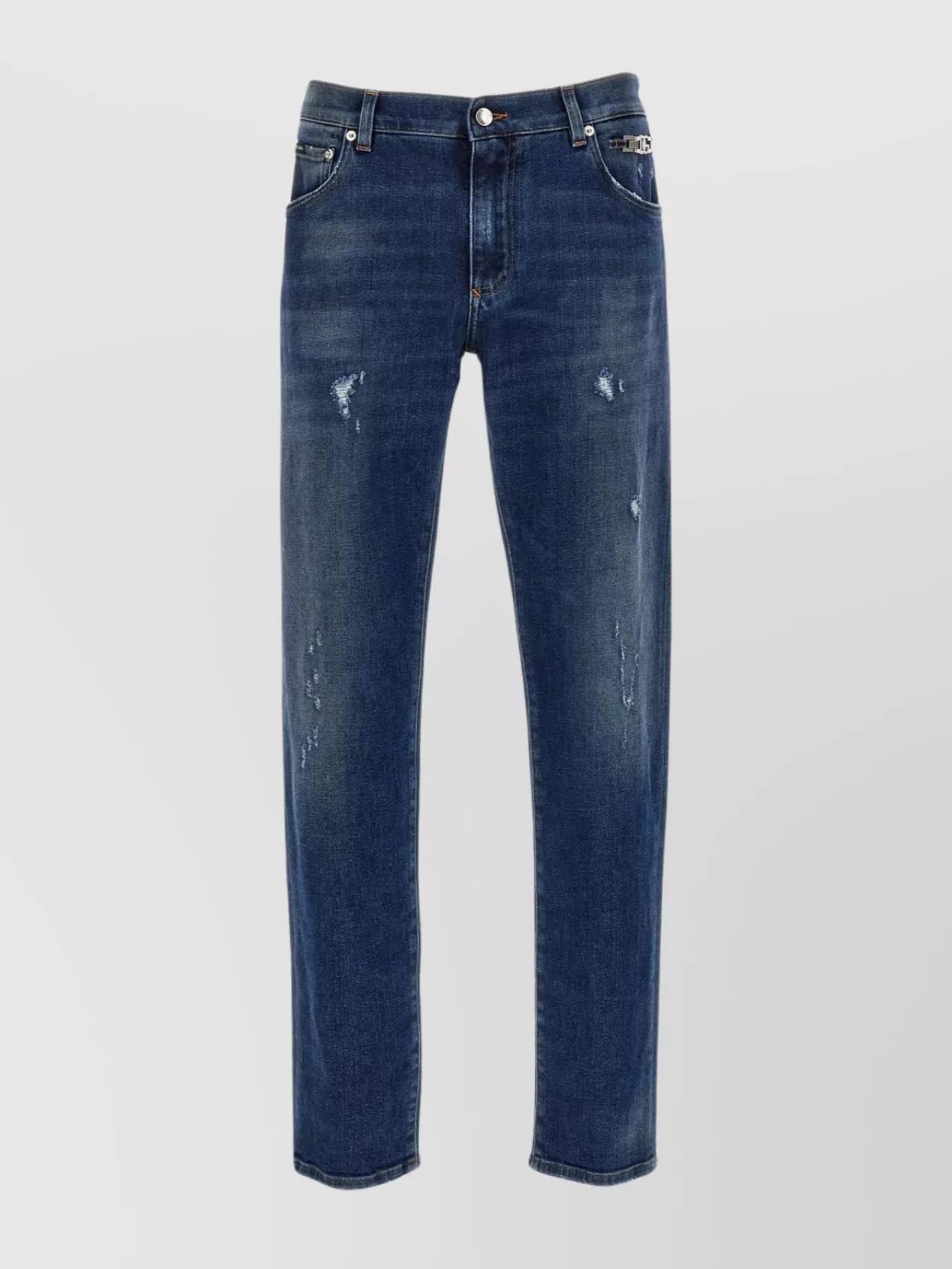 Distressed Faded Denim Trousers In Blue Product Image