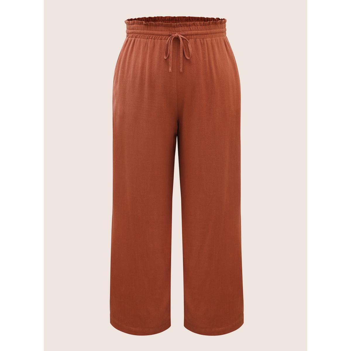 Plus Size Cotton Linen Paperbag Waist Wide Leg Pants Women Browncoffeecolor Casual Wide Leg Mid Rise Everyday Pants BloomChic 14-16/1X Product Image