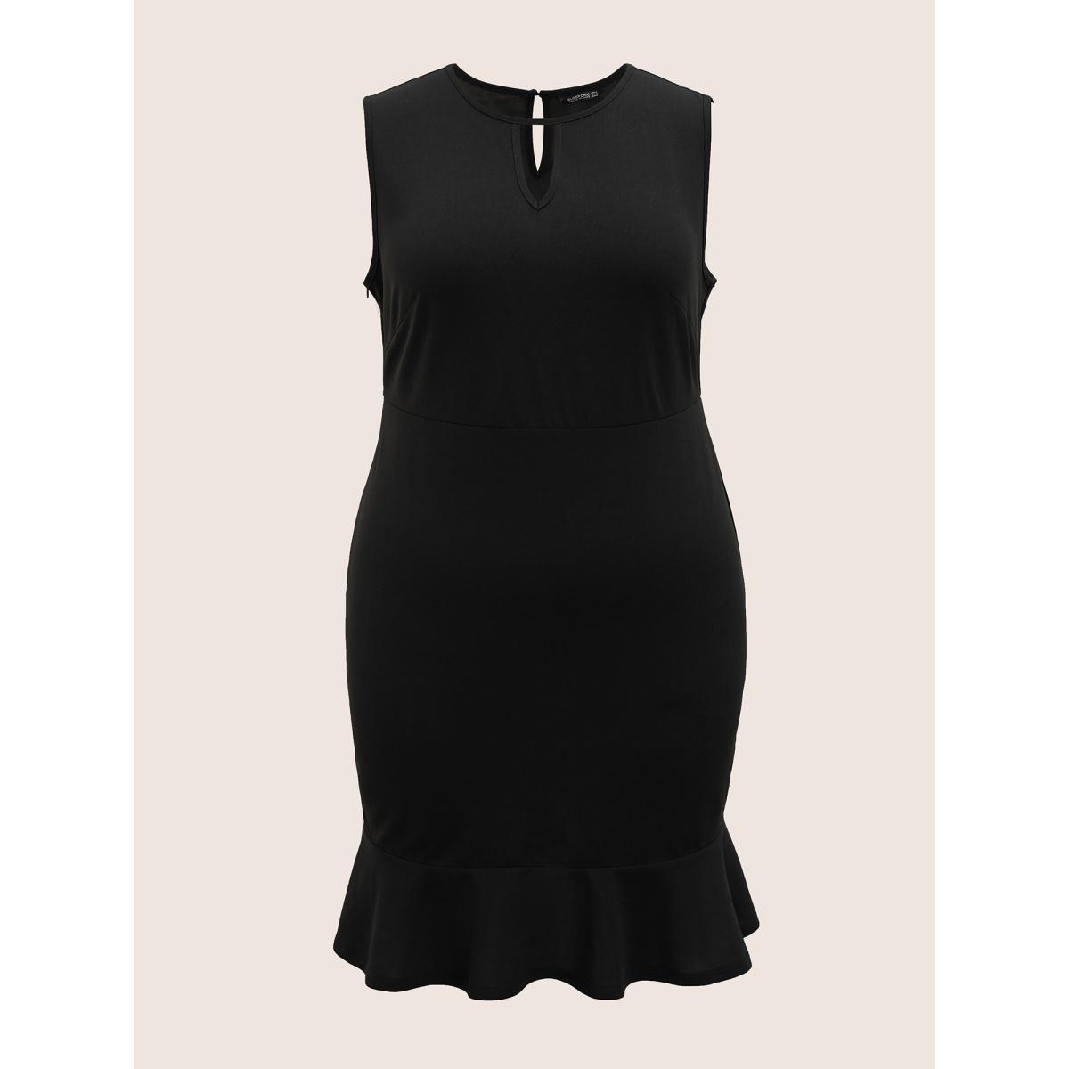 Plus Size Solid Sleeveless Ruffles Mermaid Hem Dress Black Women Workwear Essentials Belted Round Neck Sleeveless Curvy Midi Dress BloomChic 22-24/3X Product Image