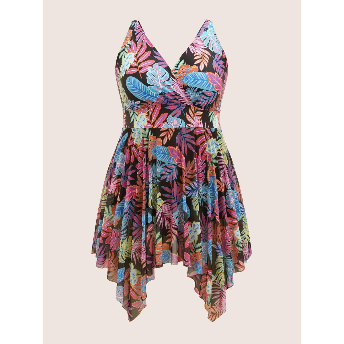 Plus Size Tropical Print Overlap Collar Hanky Hem Swim Dress Women's Swimwear Black Beach Bodycon Overlap Collar High stretch Curve Swim Dresses BloomChic 12/L Product Image