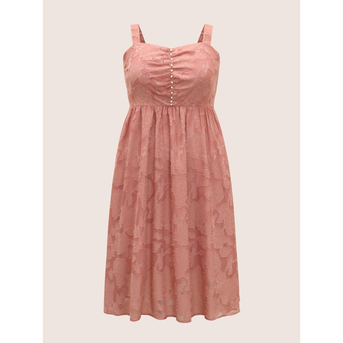Plus Size Textured Mesh Pearl Beaded Ruched Pocket Dress DustyPink Women Elegant Texture Square Neck Sleeveless Curvy BloomChic 12/L Product Image
