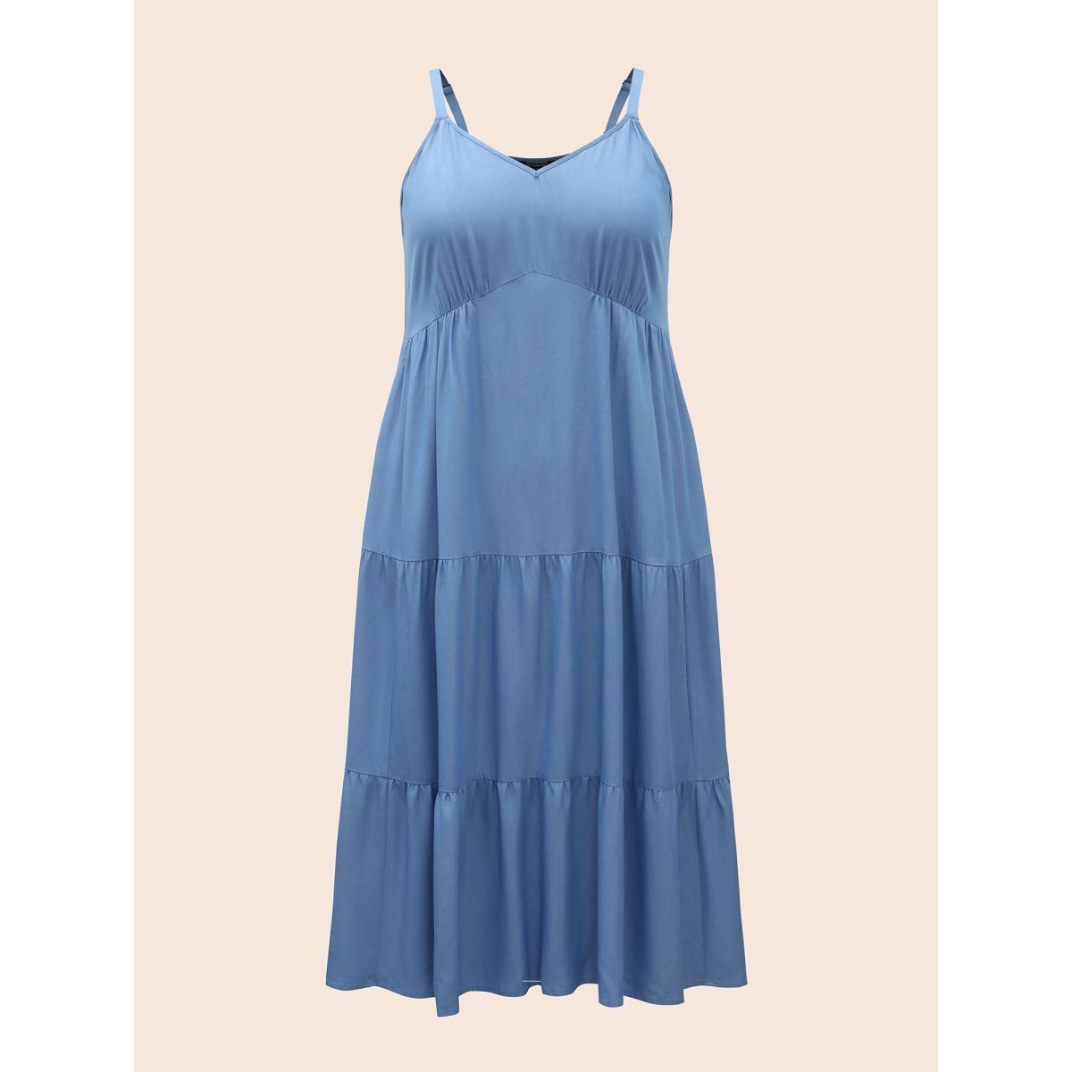 Plus Size Solid Ruffle Layered Hem Cami Dress Mediumblue Women Casual Gathered Heart neckline Sleeveless Curvy BloomChic 22-24/3X Product Image