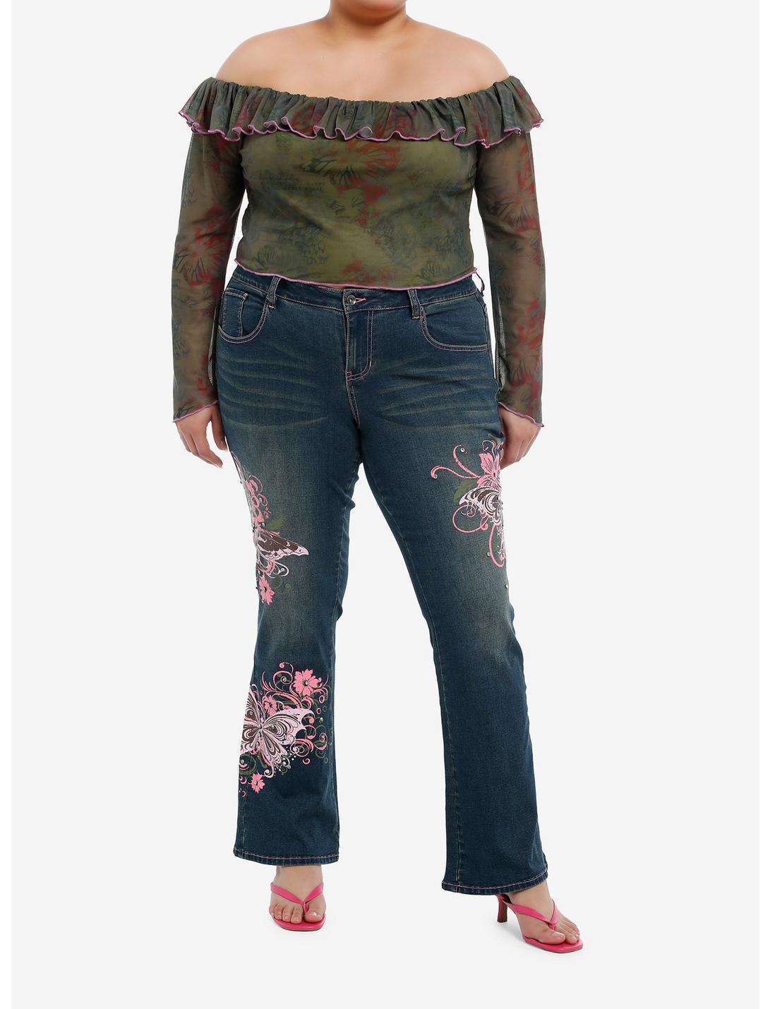 Grunge Butterfly Floral Off-The-Shoulder Crop Top Plus Size Product Image