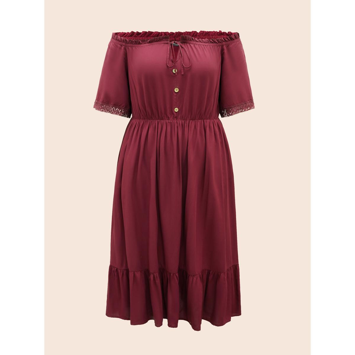 Plus Size Plain Off Shoulder Lace Trim Ruffle Hem Dress Burgundy Women Resort Woven ribbon&lace trim One-shoulder neck Half Sleeve Curvy BloomChic 30/6X Product Image