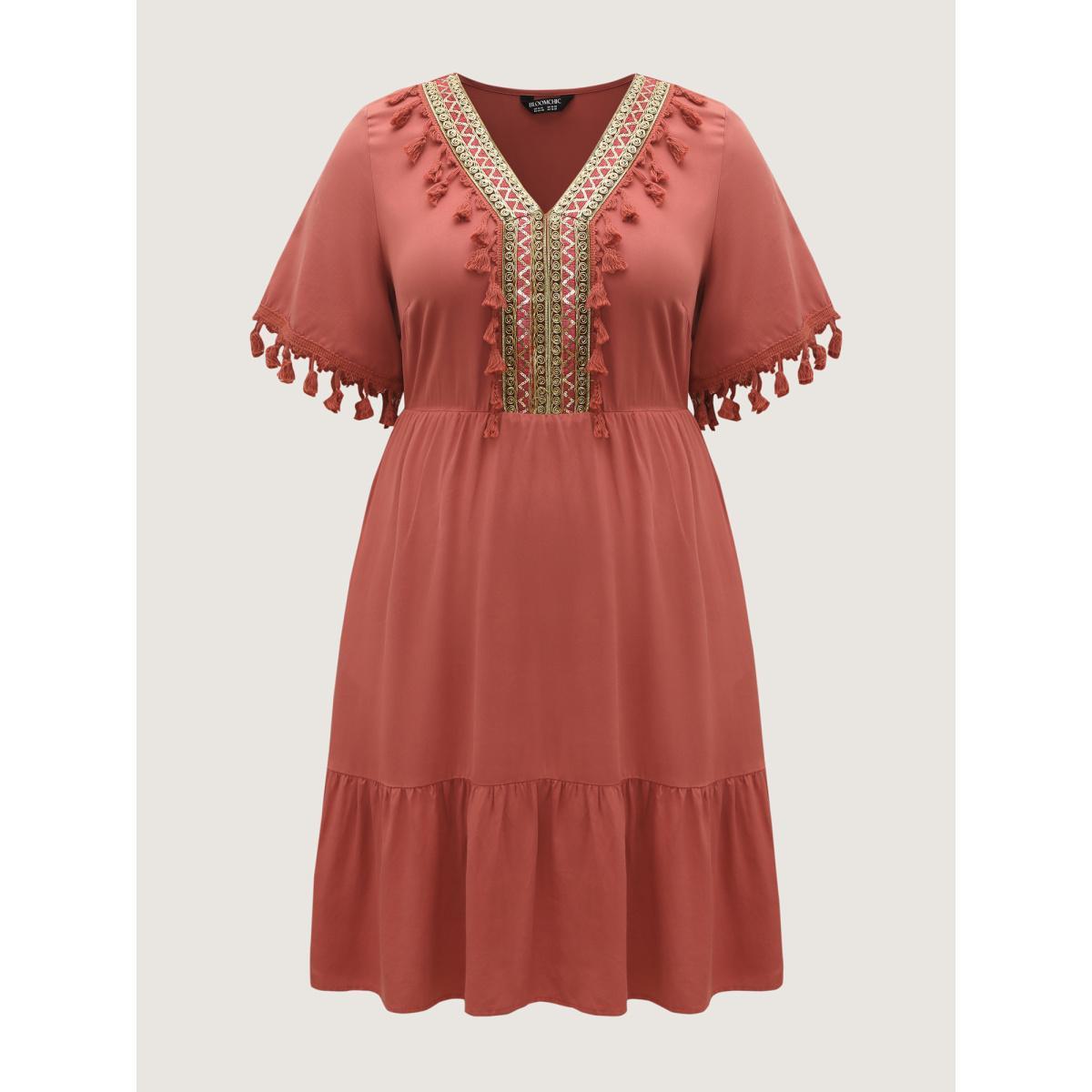 Plus Size Rayon Stretchy Waist Pockets Midi Dress Rust Women V-neck Half Sleeve Curvy BloomChic 14-16/1X Product Image