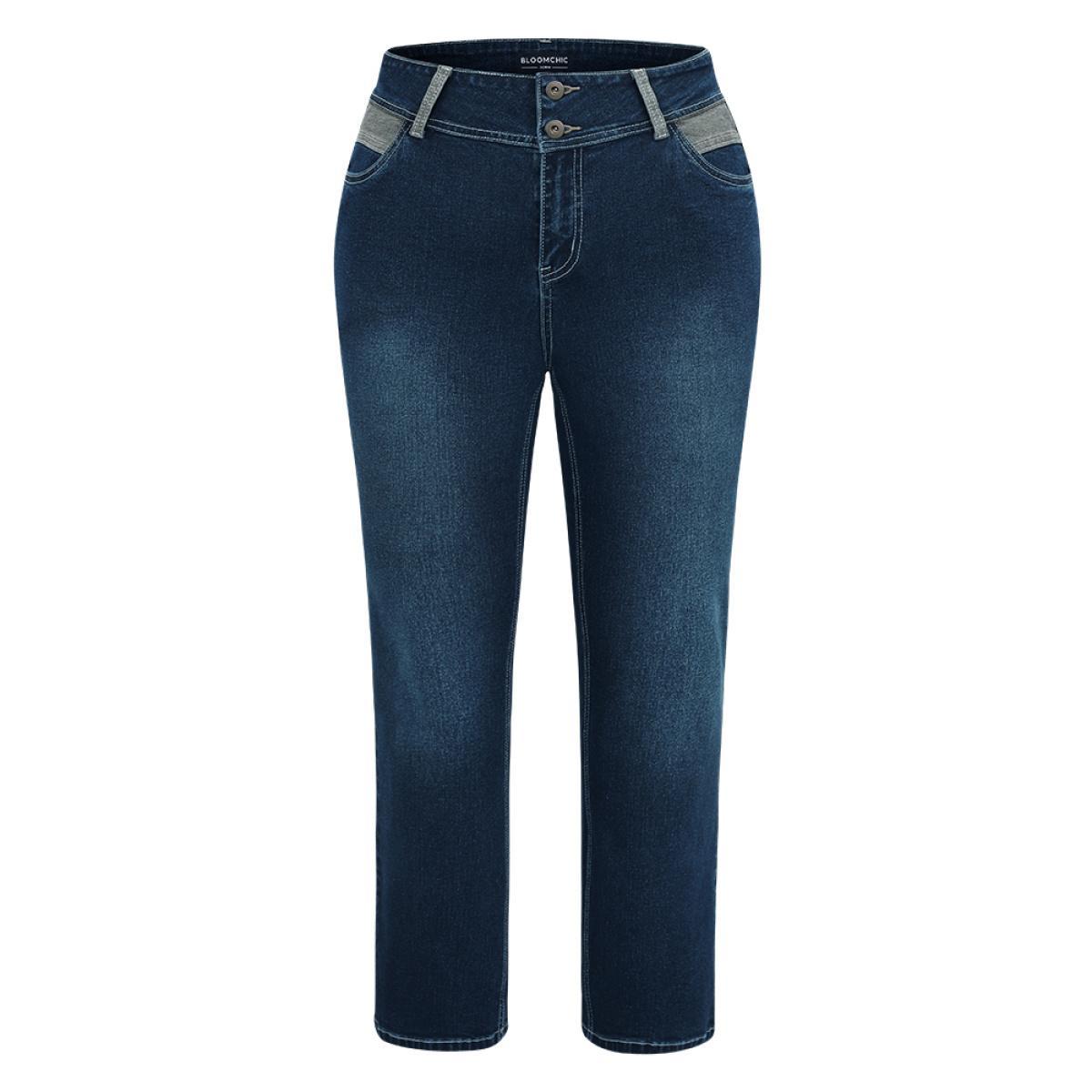 Plus Size Contrast Patchwork Dark Wash Straight Leg Jeans Women Indigo Casual Plain Contrast High stretch Pocket Jeans BloomChic 18/2X Product Image