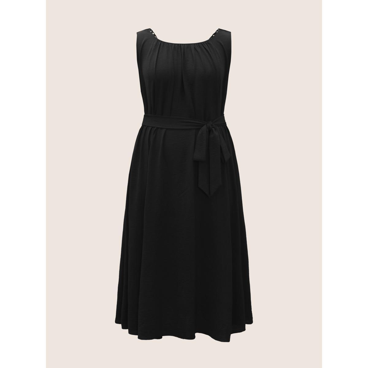 Plus Size Solid Crocheted Backless Sleeveless Midi Dress Black Women Resort Woven ribbon&lace trim Round Neck Sleeveless Curvy BloomChic 10/M Product Image