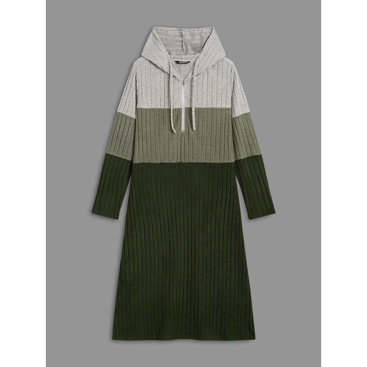 Plus Size Hooded Half Zip Pit Strip Knit Dress ArmyGreen Women Casual Contrast Hooded Long Sleeve Curvy BloomChic 26/4X Product Image