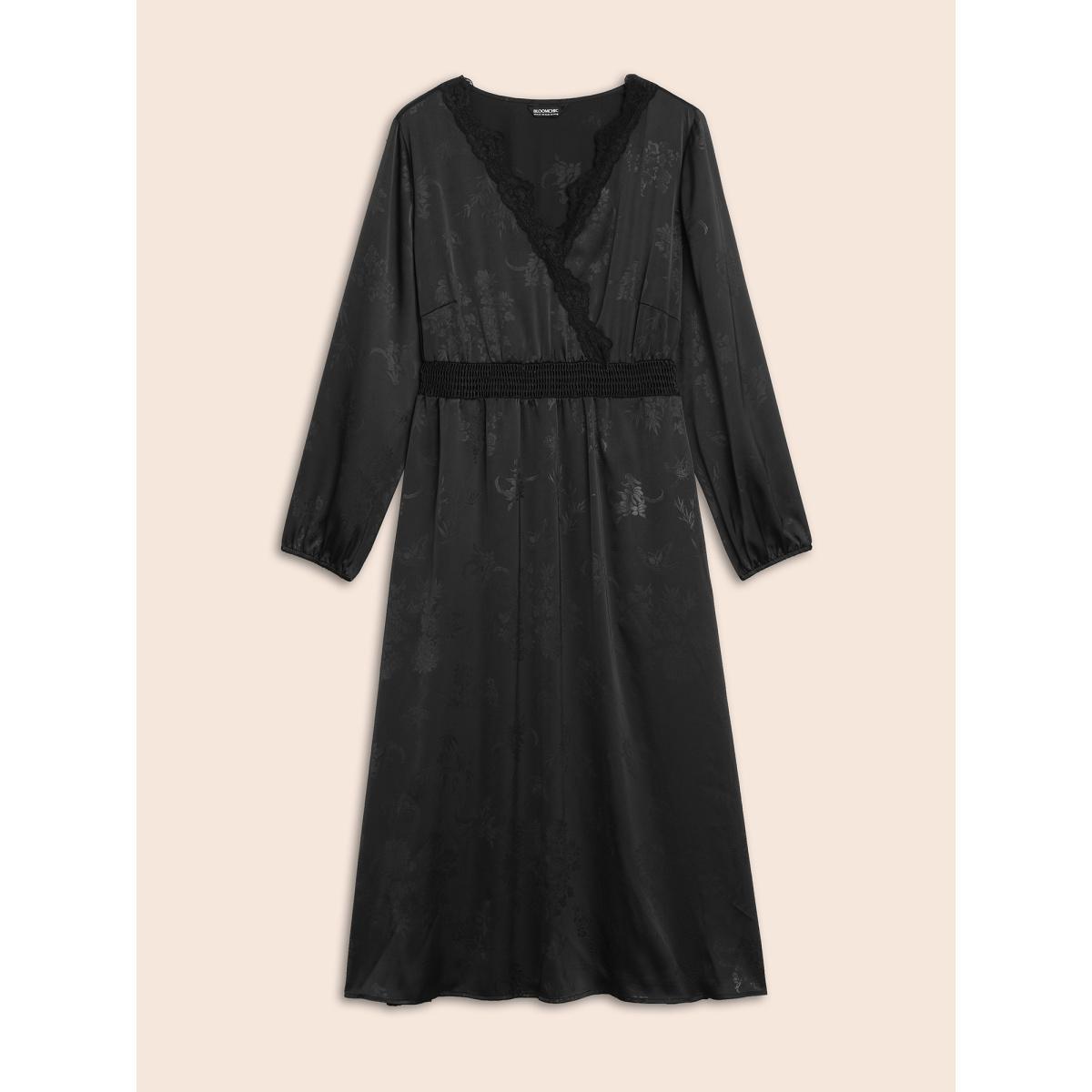 Plus Size Overlap Collar Textured Shirred Lace Trim Dress Black Women Cocktail Woven ribbon&lace trim Overlap Collar Long Sleeve Curvy BloomChic 22-24/3X Product Image