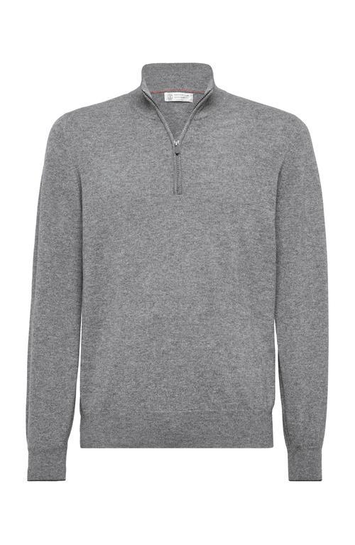 BRUNELLO CUCINELLI Men's Cashmere Turtleneck Sweater With Zipper In Grey Product Image