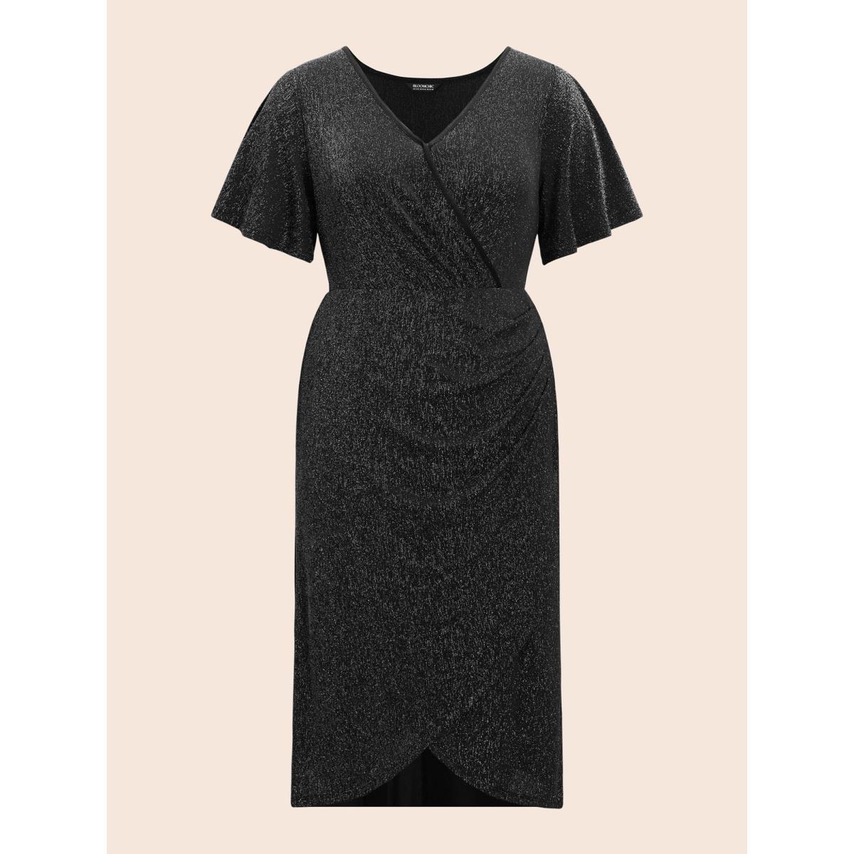 Plus Size Luxe Overlap Collar Ruffle Sleeve Dress Pureblack Women Cocktail Overlapping Party Curvy Bloomchic 30/6X Product Image