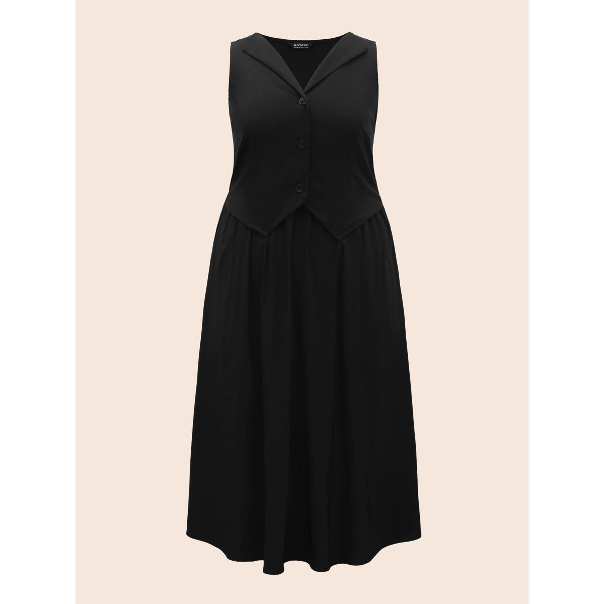 Plus Size Stretch Woven Vest Flare Midi Dress Black Women At the Office Button Suit Collar Sleeveless Curvy BloomChic 18-20/2X Product Image