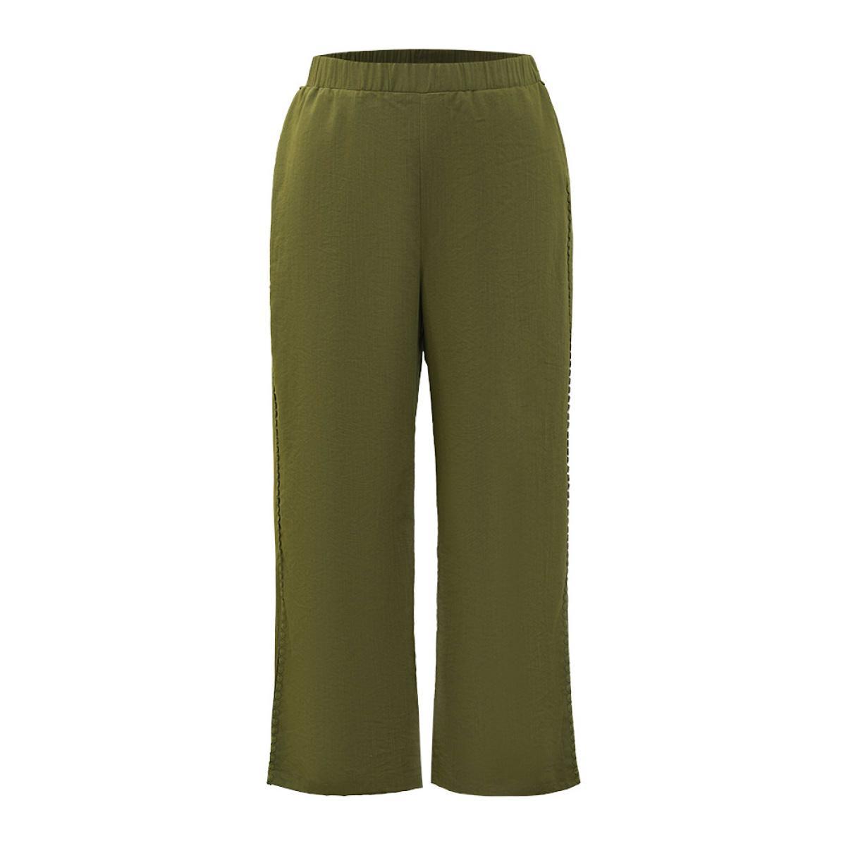 Plus Size Plain Pocket Elastic Waist Pompom Detail Split Pants Women ArmyGreen Elegant Mid Rise Dailywear Pants BloomChic 26/4X Product Image