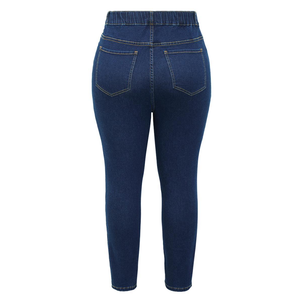 Plus Size Skinny Very Stretchy High Rise Dark Wash Elastic Waist Jeans Women DarkBlue Casual Plain High stretch Pocket Jeans BloomChic 12/L Product Image