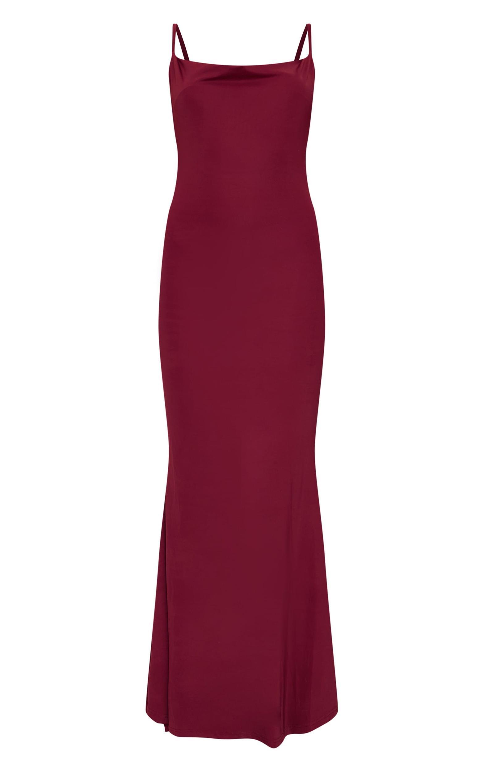 Burgundy Slinky Cowl Neck Lace Insert Detail Maxi Dress Product Image