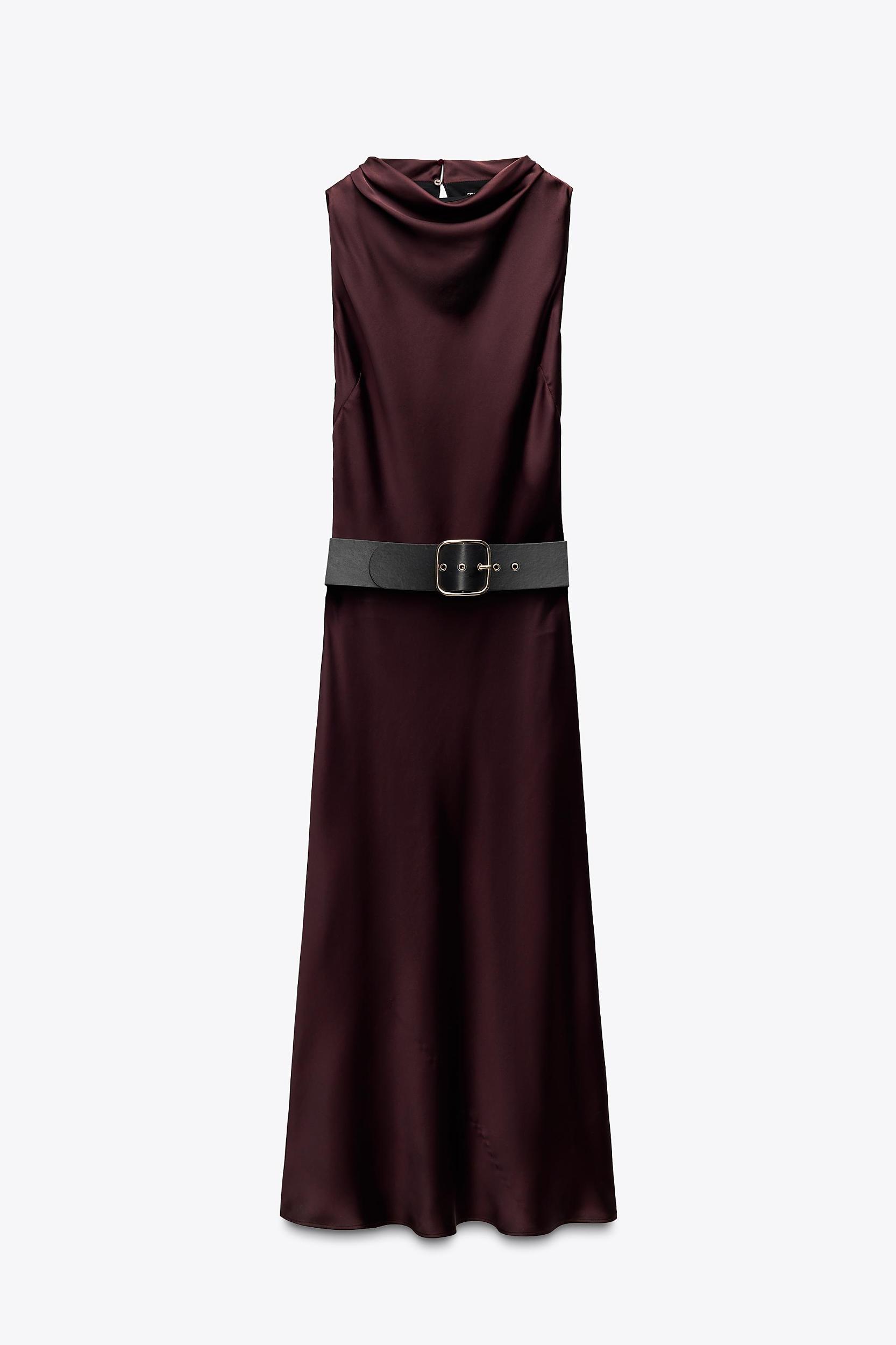 BELTED SATIN MIDI DRESS Product Image