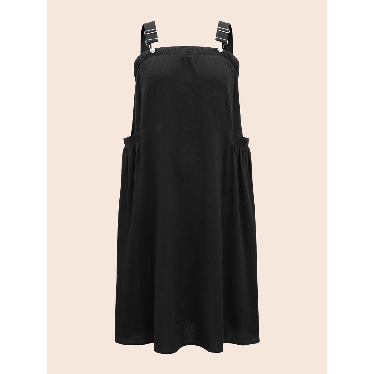 Plus Size Solid Gathered Adjustable Straps Overall Dress Black Women Casual Non Non Sleeveless Curvy BloomChic 14-16/1X Product Image