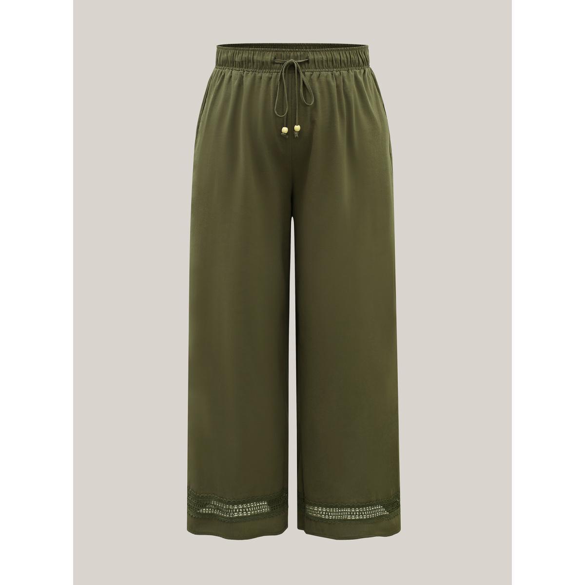 Plus Size Drawstring Lace Detail Wide-Leg Pants Women ArmyGreen Resort Wide Leg Mid Rise Vacation Pants BloomChic 28/5X Product Image