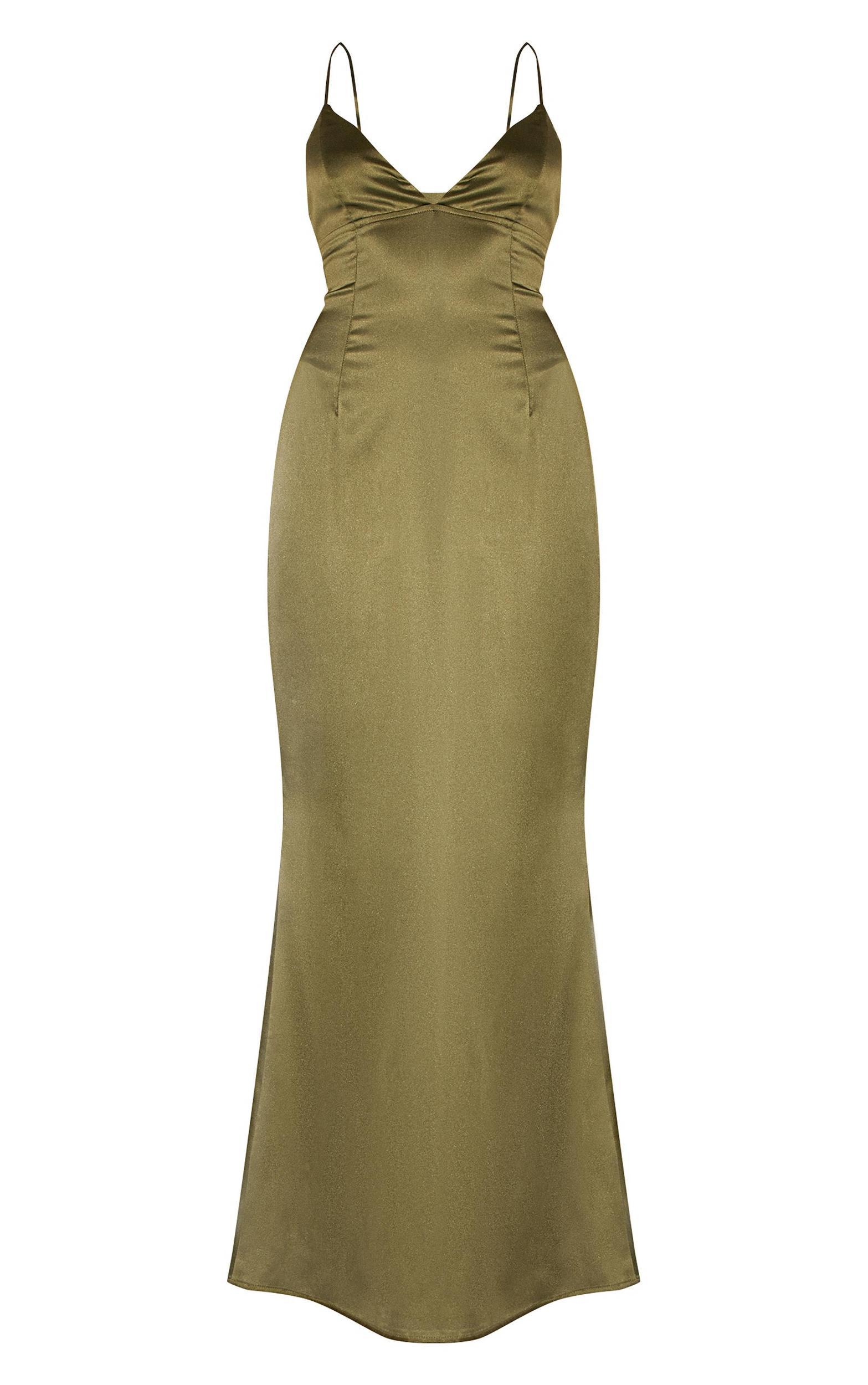  Olive Satin Tie Back Maxi Dress Product Image