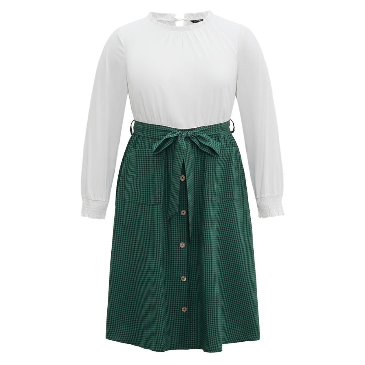 Plus Size Gingham Belted Frill Trim Button Detail Dress DarkGreen Women Elegant Printed Mock Neck Long Sleeve Curvy Midi Dress BloomChic 22-24/3X Product Image