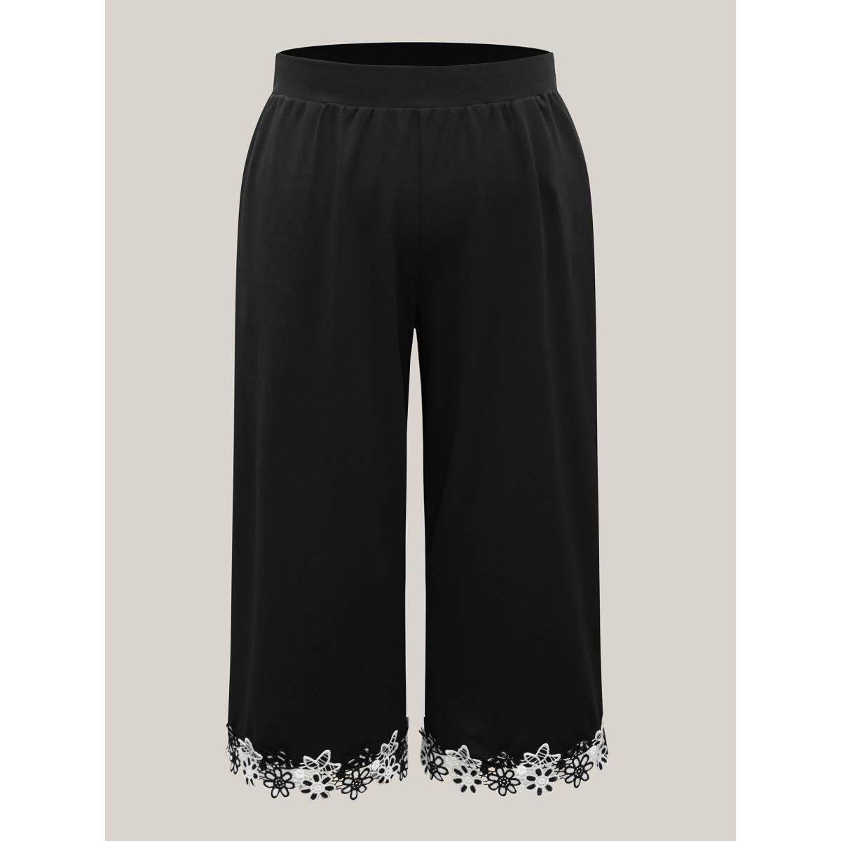 Plus Size Floral Lace Hem Wide-Leg Pants Women Black Elegant Wide Leg Mid Rise Everyday-Elegant Pants BloomChic 14-16/1X Product Image