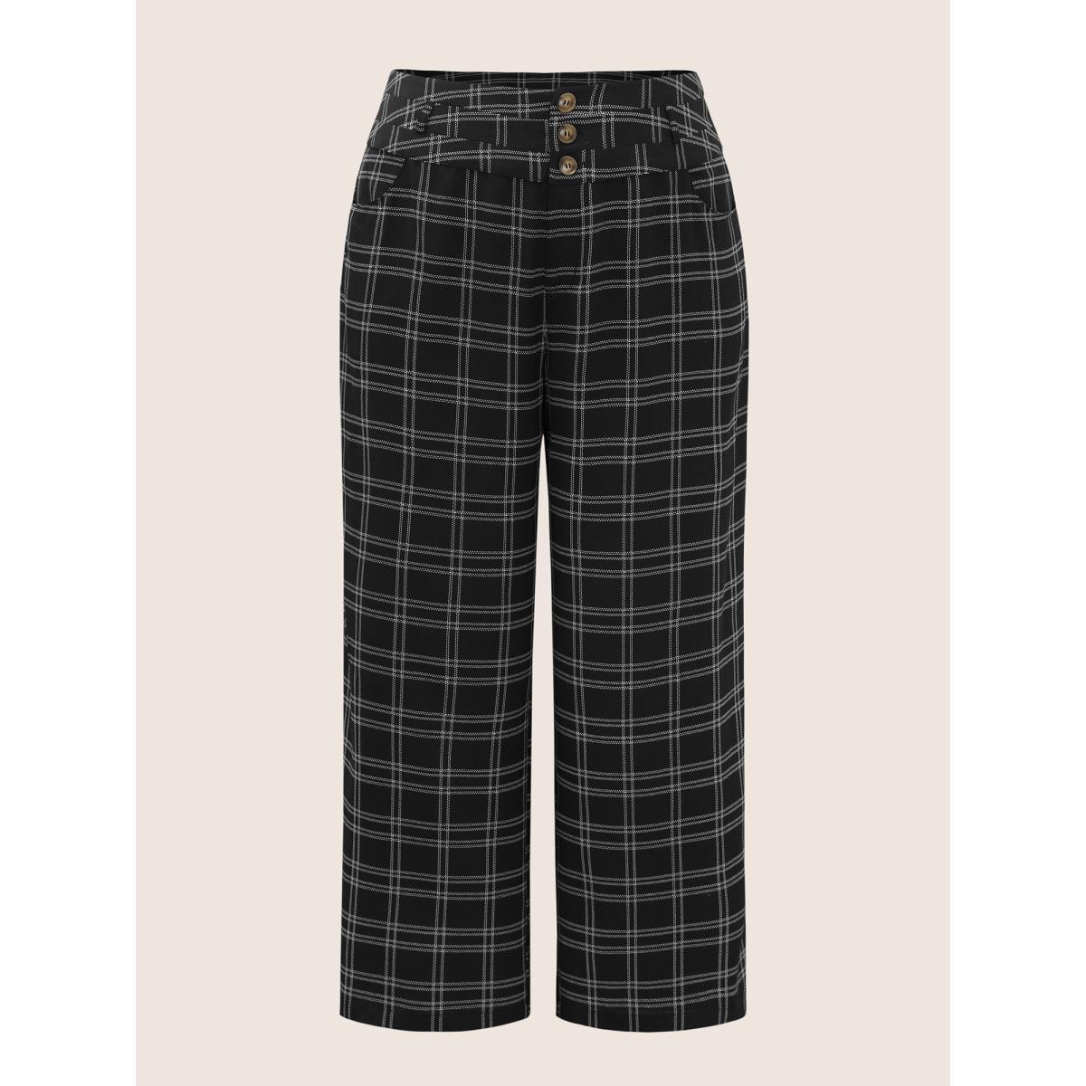 Plus Size Plaid Button Detail Slanted Pocket Wide Leg Pants Women Black At the Office Wide Leg High Rise Work Pants BloomChic 18-20/2X Product Image