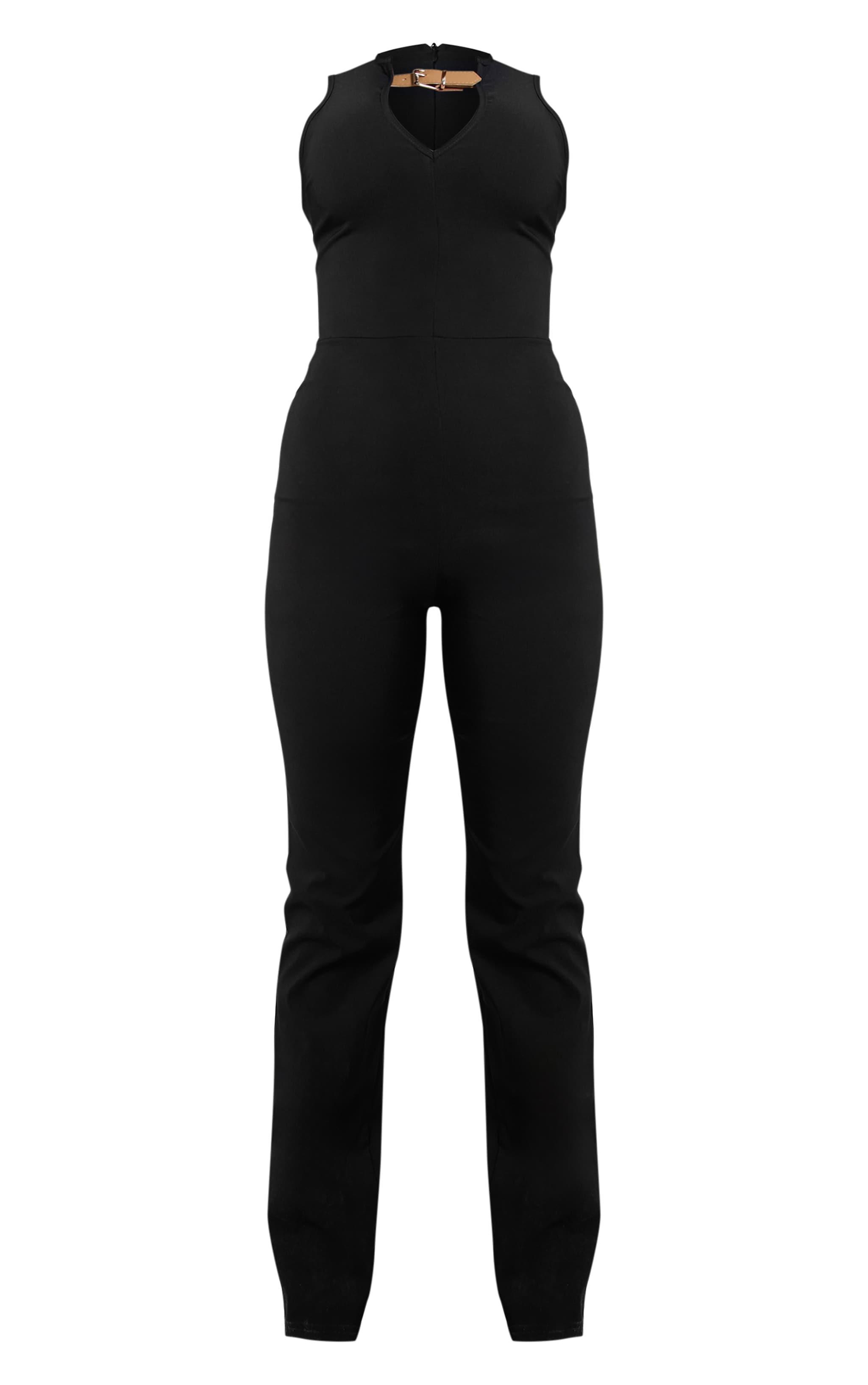 Black Stretch Woven Buckle Detail Key Hole Jumpsuit Product Image