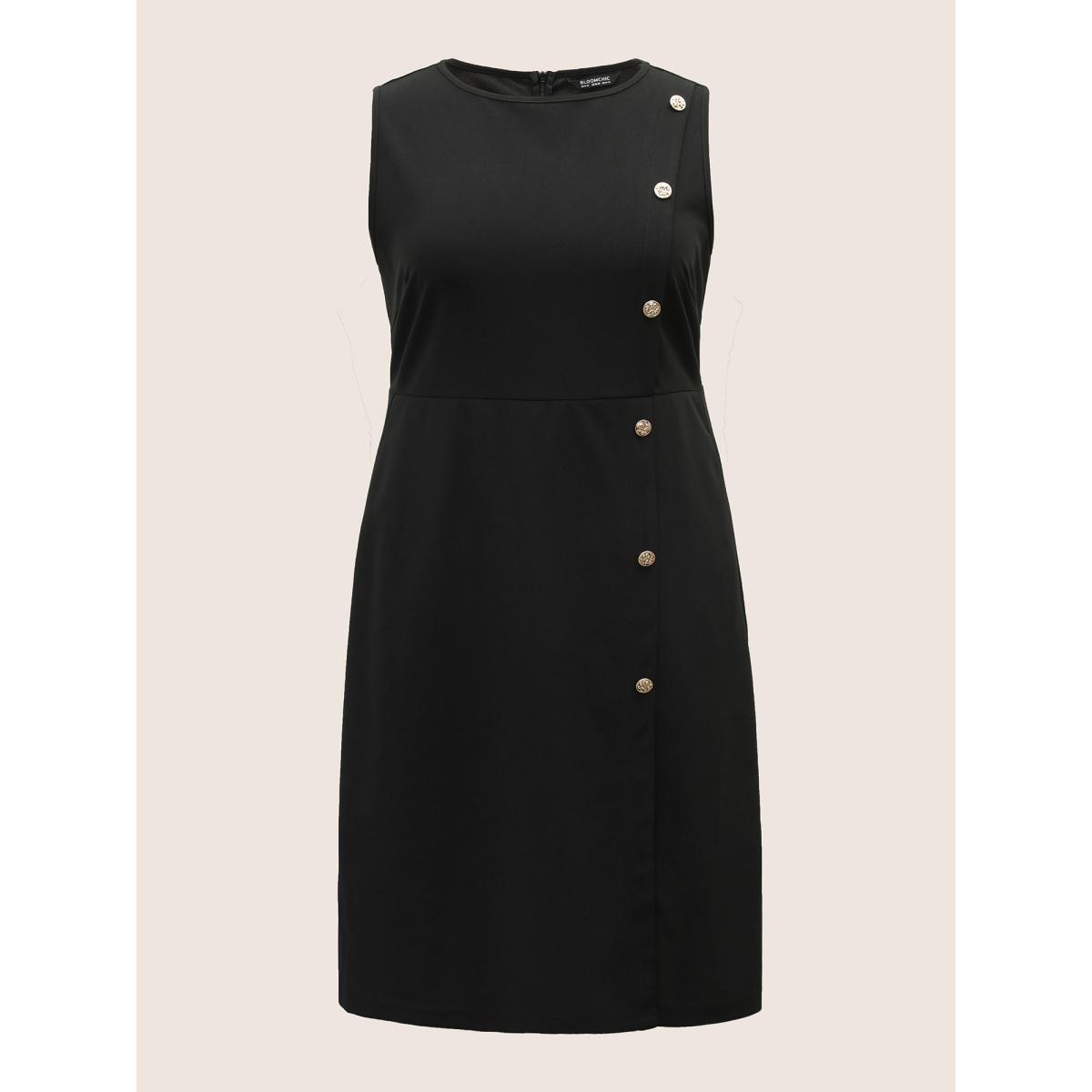 Plus Size Plain Sleeveless Button Detail Pocket Dress Black Women Workwear Essentials Non Round Neck Sleeveless Curvy Midi Dress BloomChic 14-16/1X Product Image