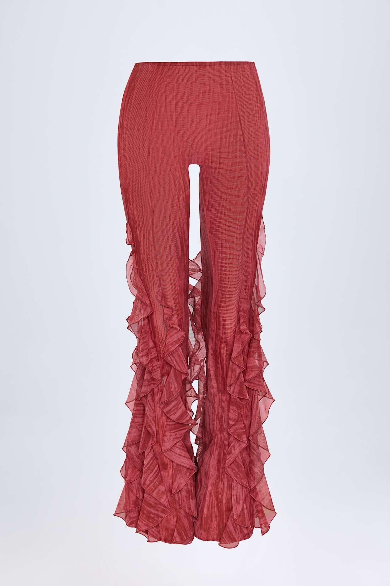 Ruffled Mid-Rise Flared Trousers in Red Print Product Image