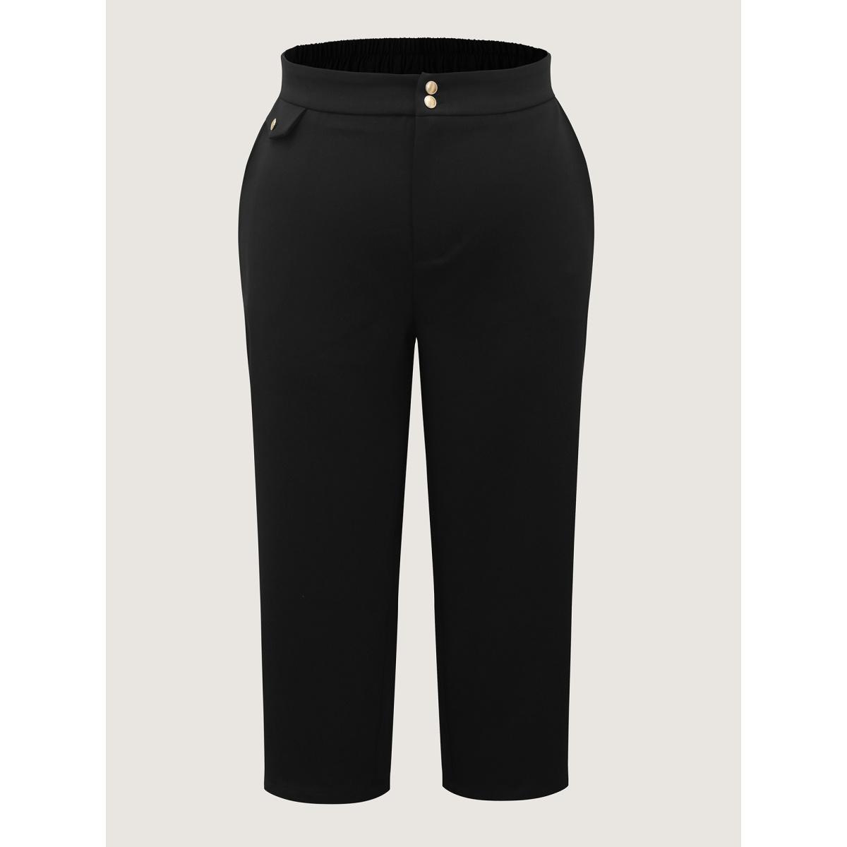 Plus Size Stretchy Double Button Straight-Leg Pants Women Black Loose Mid Rise Work Pants BloomChic 26/4X Product Image
