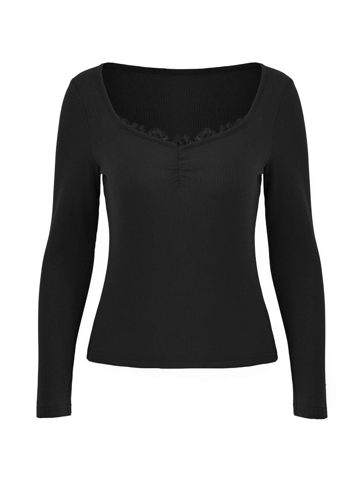 Lace Trim Black Long Sleeve Knit Top Product Image