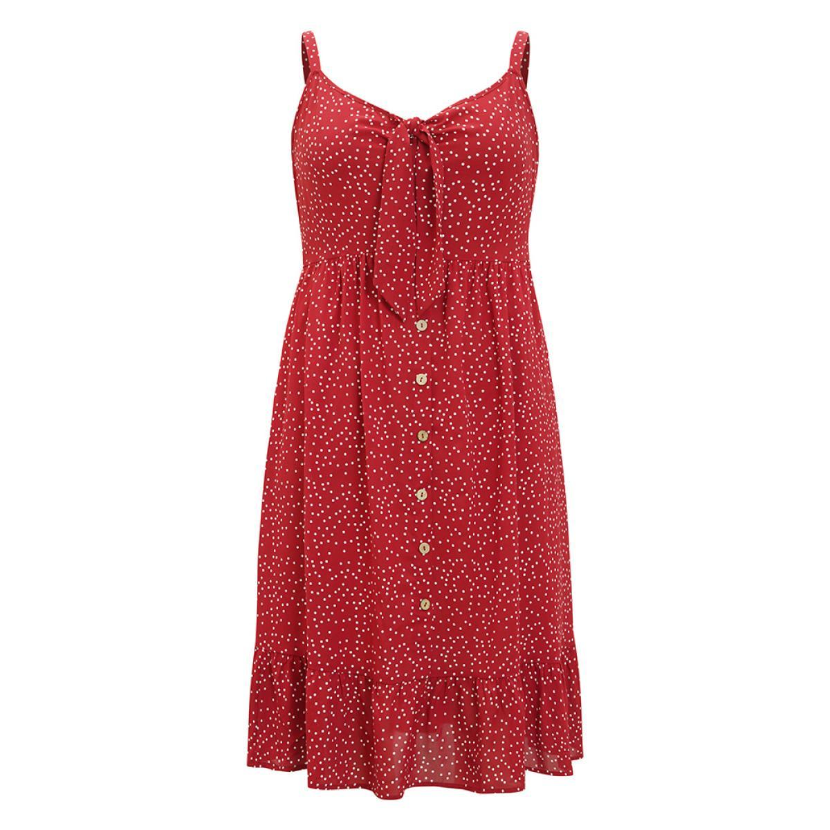 Plus Size Polka Dot Button Detail Knotted Pocket Cami Dress Crimson Women Elegant Adjustable Straps Spaghetti Strap Sleeveless Curvy Knee Dress BloomChic 14-16/1X Product Image