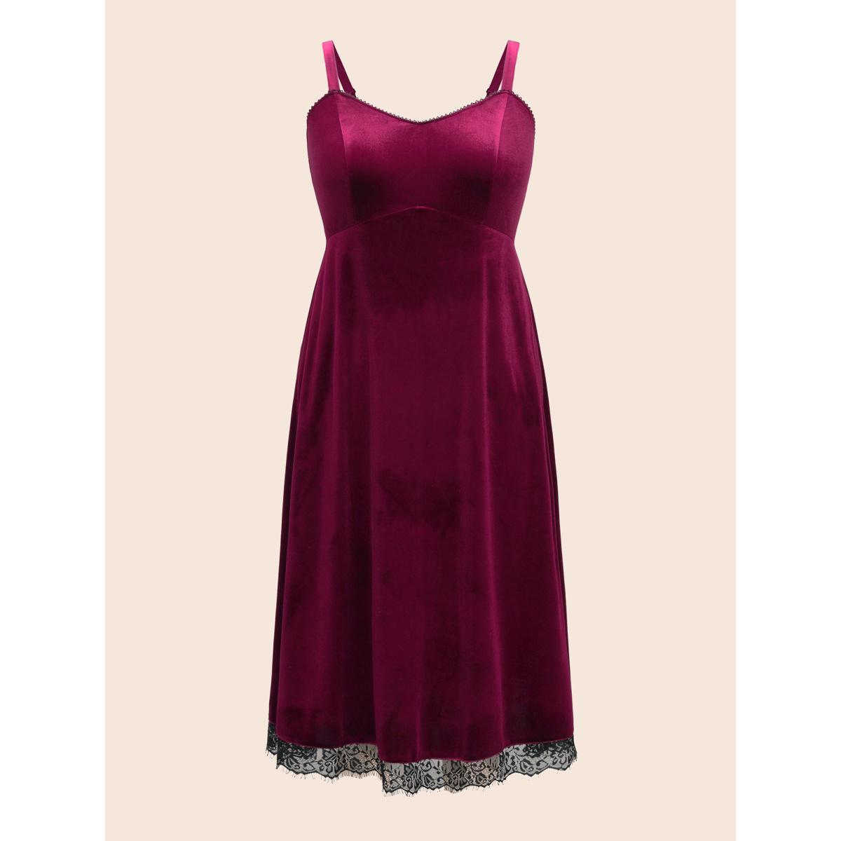 Plus Size Cami Velvet Fitted Waist Maxi Dress Burgundy Women Cocktail Woven ribbon&lace trim Party Curvy Bloomchic 10/M Product Image