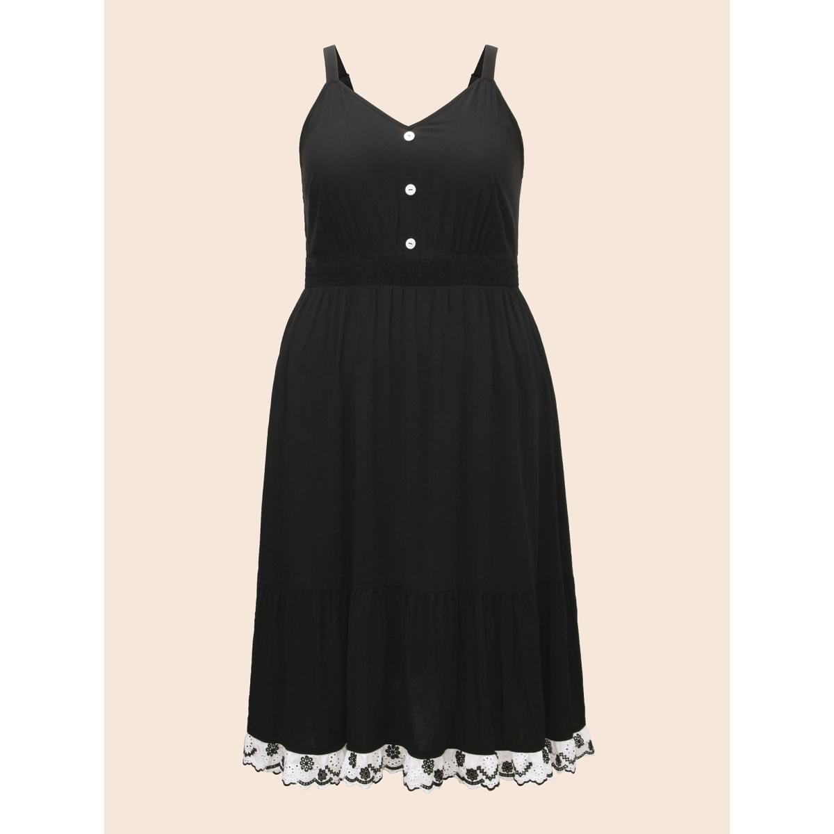Plus Size Woven Ribbon Button Detail Cami Dress Black Women Resort Woven ribbon&lace trim V-neck Sleeveless Curvy BloomChic 28/5X Product Image