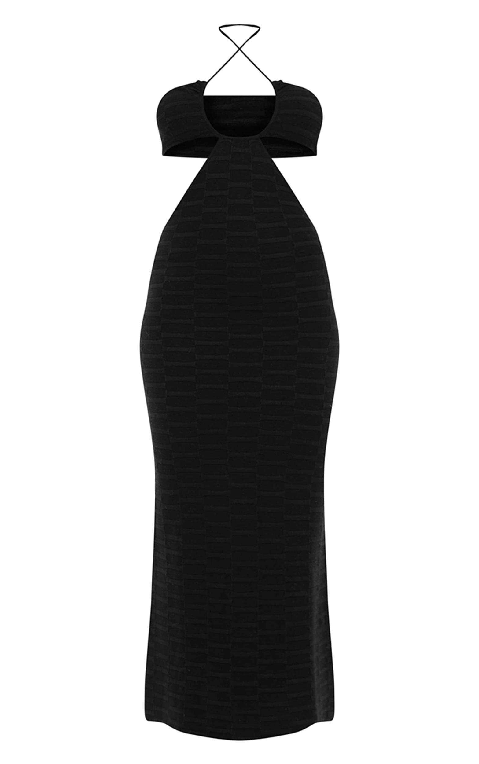 Black Textured Knit Cut Out HalterNeck Maxi Dress Product Image