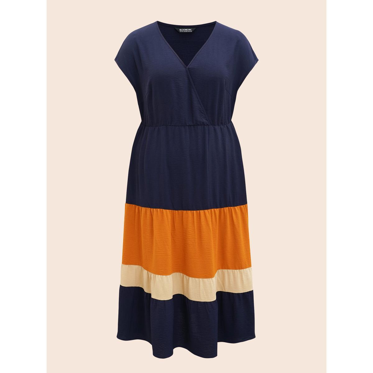 Plus Size Colorblock Contrast Pocket Wrap Flutter Tiered Tank Dress DarkBlue Women Casual Wrap V-neck Cap Sleeve Curvy Midi Dress BloomChic 26/4X Product Image