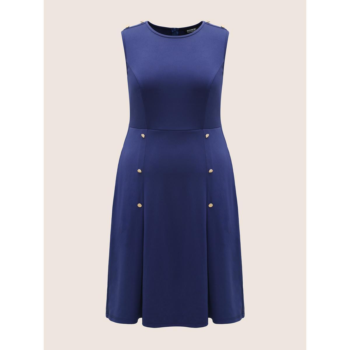 Plus Size Plain Metal Detail Pleated Tank Dress Navy Women At the Office Button Round Neck Sleeveless Curvy BloomChic 28/5X Product Image