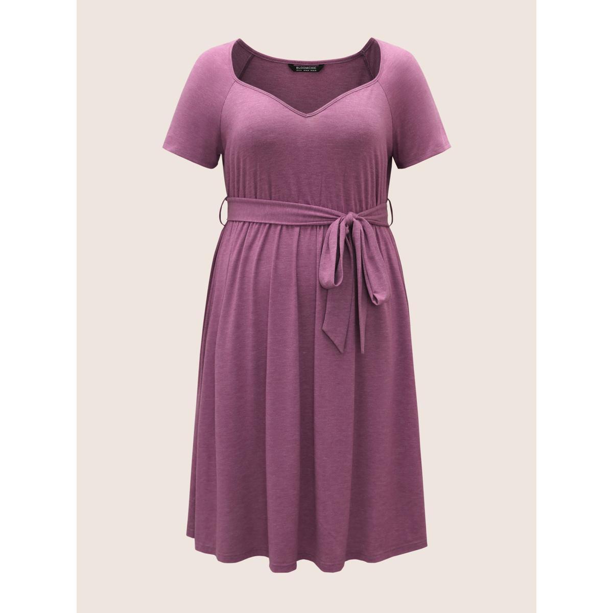 Plus Size Supersoft Essentials Plain Raglan Sleeve Belted Dress Lilac Women Basics Non Square Neck Short sleeve Curvy Midi Dress BloomChic 28/5X Product Image