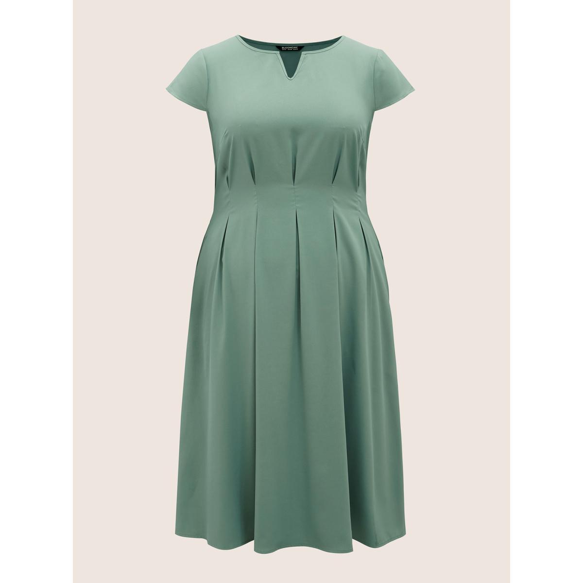 Plus Size Notched Collar Shirred Pleated Cap Sleeve Dress Emerald Women Work From Home Pleated Notched collar Cap Sleeve Curvy BloomChic 10/M Product Image