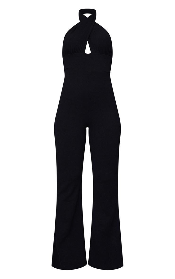 Black Cross Neck Tie Back Rib Jumpsuit Product Image