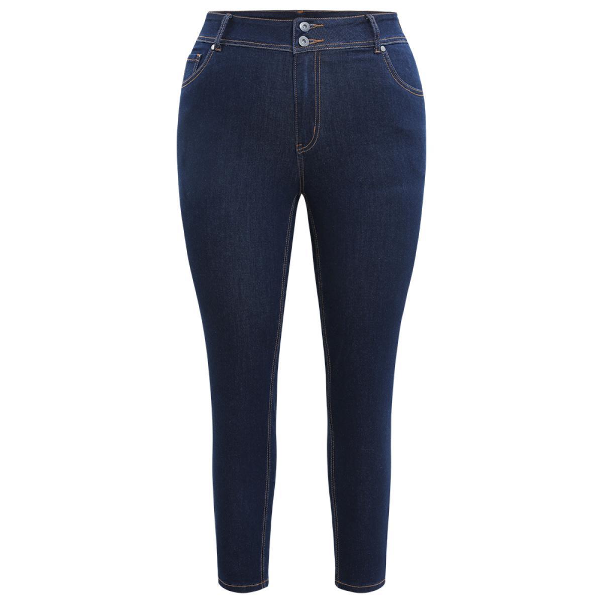 Plus Size Plain Stitch Patched Pocket Jeans Women DarkBlue Casual Plain Plain High stretch Pocket Jeans BloomChic 24/3X Product Image