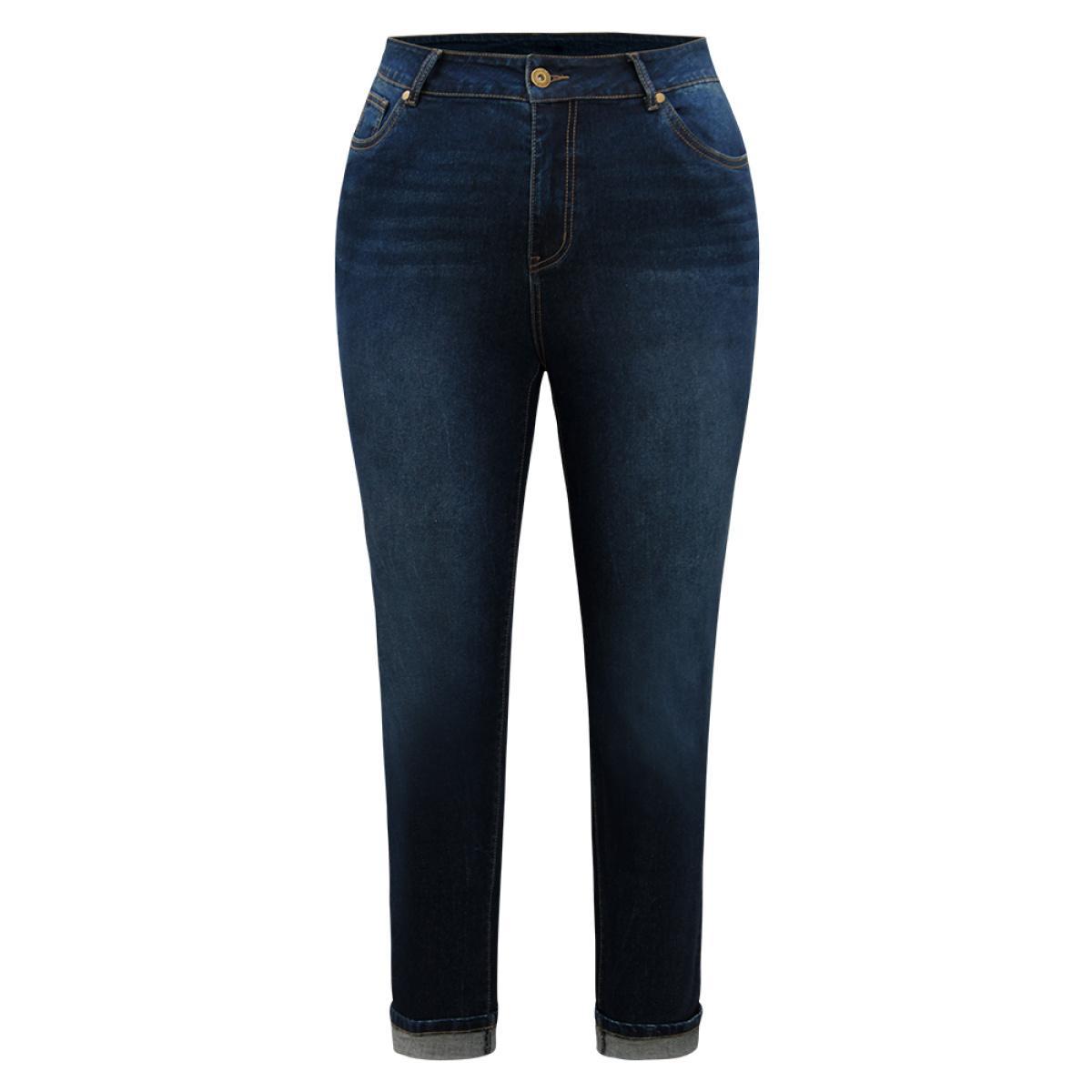 Plus Size Cutoff Roll Hem Full Length Jeans Women DarkBlue Casual Plain Plain High stretch Pocket Jeans BloomChic 18/2X Product Image