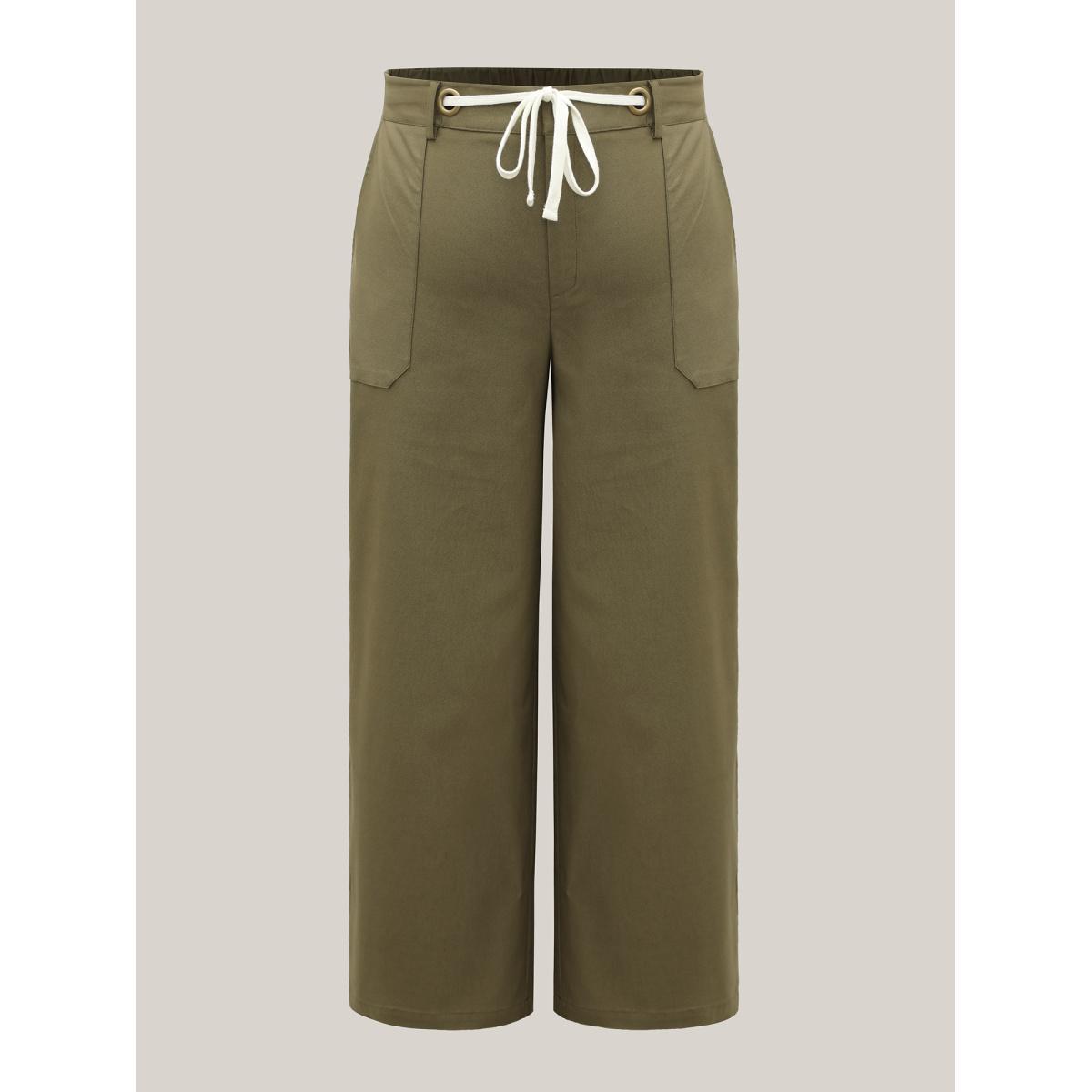 Plus Size Drawstring Waist Straight-Leg Pants Women ArmyGreen Casual Straight Leg Mid Rise Everyday-Casual Pants BloomChic 12/L Product Image